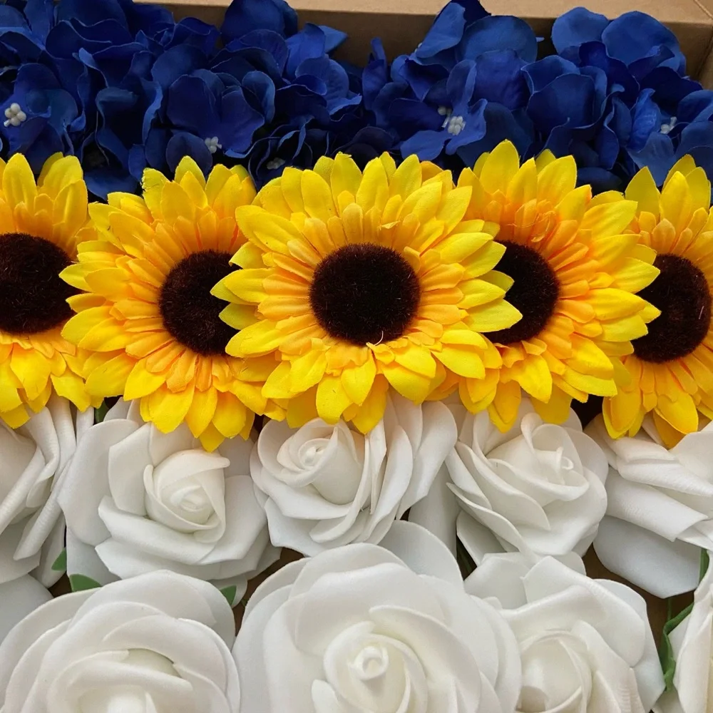 20 Count Blue Hydrangeas White Rose Sunflower Bouquet Centerpiece Wedding